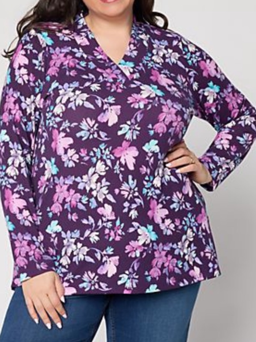 Denim & Co. women’s heavenly jersey crossover V-neck tunic  XL purple floral